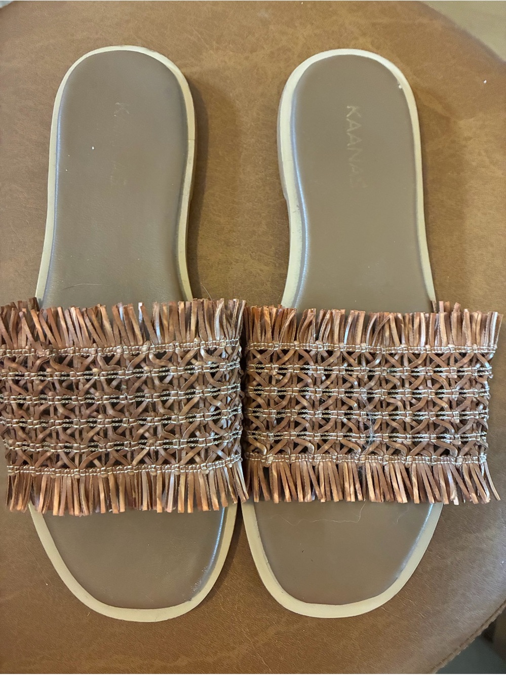 Kaanas Woven Raffia Fringe Slide Sandals Size 9. Brown.